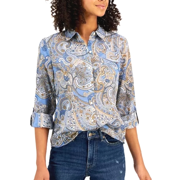 Tommy Hilfiger Tops - Tommy Hilfiger Blue & Tan Paisley Long Sleeve Button Up Shirt Size Large